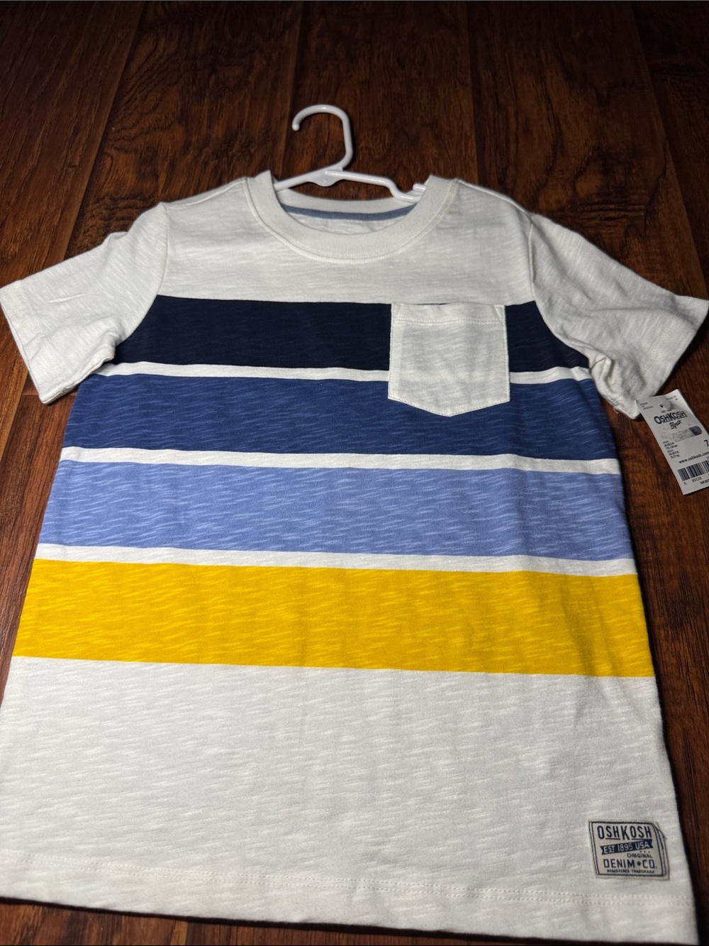 Size 7 OshKosh B'gosh White Navy Blue Yellow Striped Pocket Tee